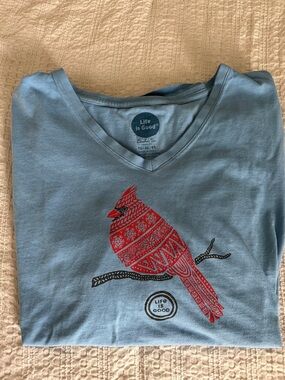 Life Is Good Light Blue Crusher V-Neck Long Sleeve Tee with Red Cardinal - XL